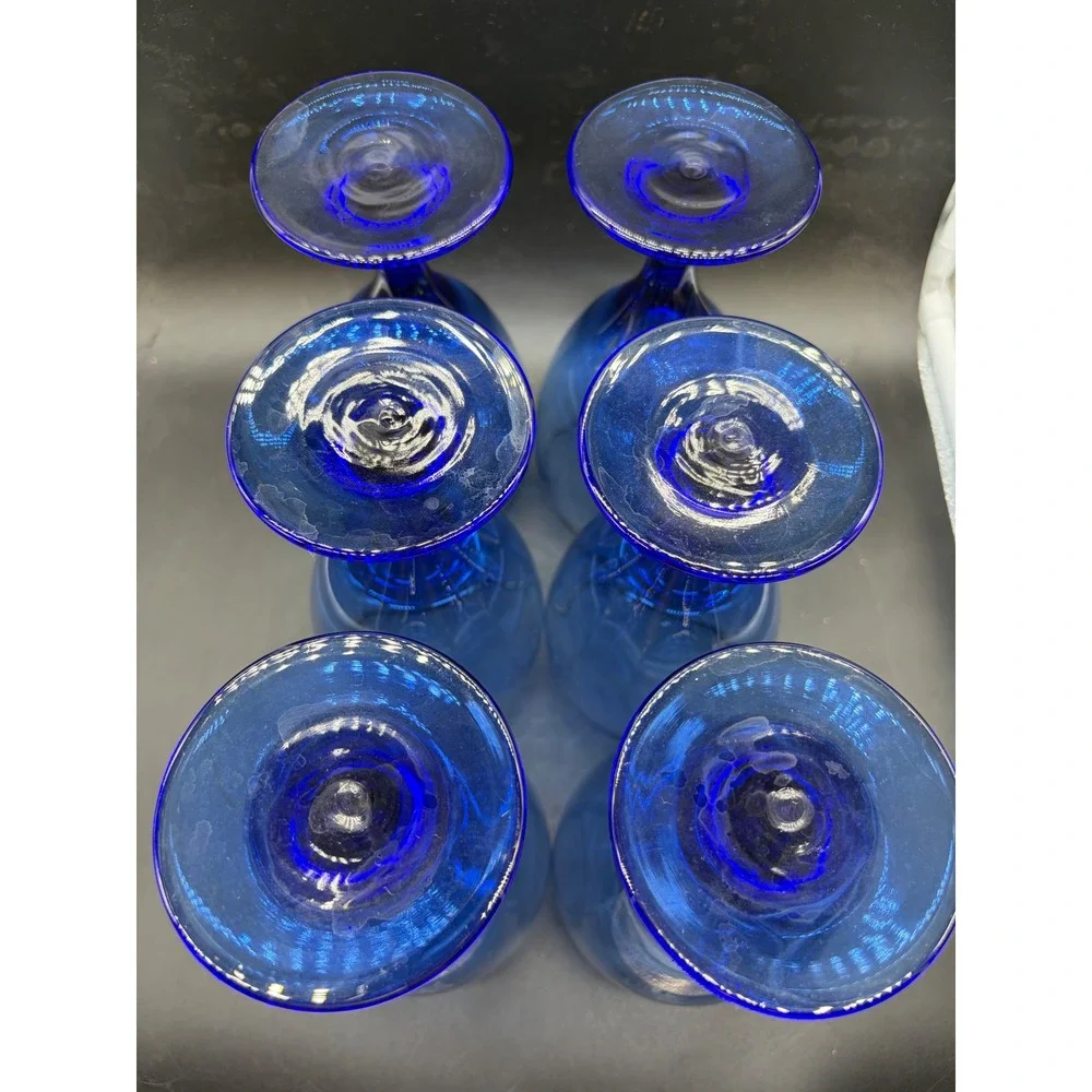 Vintage Cobalt Blue Gold Rim Stemmed Water Goblets Wine Glasses Set of 6